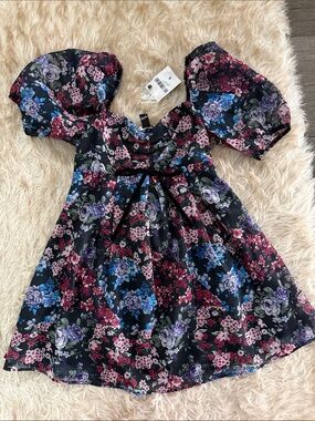 Forever 21 Black Floral Puff-Sleeve Dress with Blue, Purple, and Pink Blooms